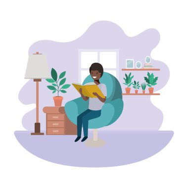 Oturma odası avatar karakteri kitap ile Man afro