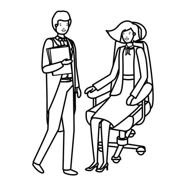 Mujer sentada en silla de oficina y hombre con libro — Vector de stock
