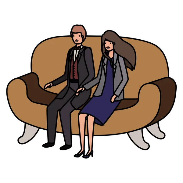 Ζευγάρι επιχειρήσεων που κάθονται στο χαρακτήρα Άβαταρ καναπέ — Διανυσματικό Αρχείο