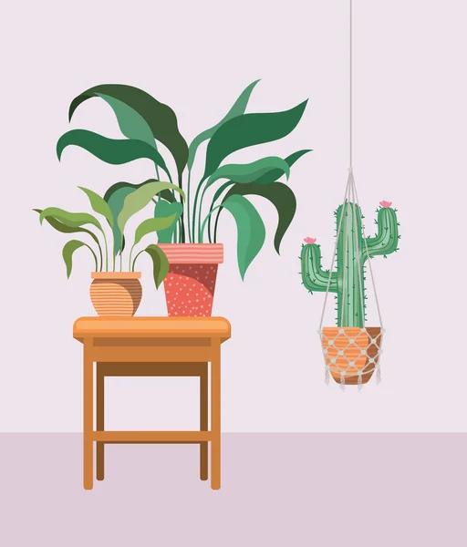 Plantas de sala em cabides macrame e cadeira de madeira — Vetor de Stock