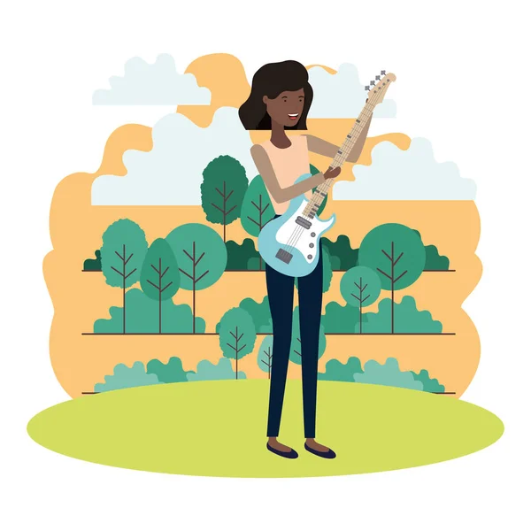 Mujer con guitarra eléctrica en carácter de paisaje — Vector de stock