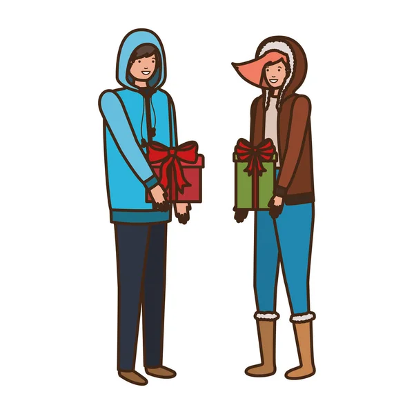 Jeune couple avec boîte cadeau avatar personnage — Image vectorielle