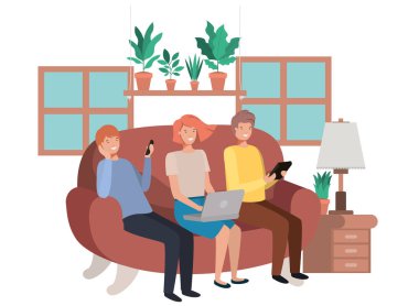 oturma odasında teknolojiyi kullanan kadın grubu