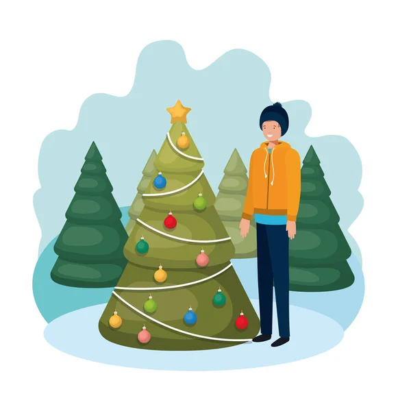 Uomo con albero di Natale nel paesaggio — Vettoriale Stock