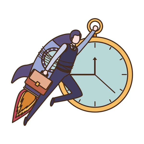 Homme d'affaires sur fusée et horloge avatar personnage — Image vectorielle