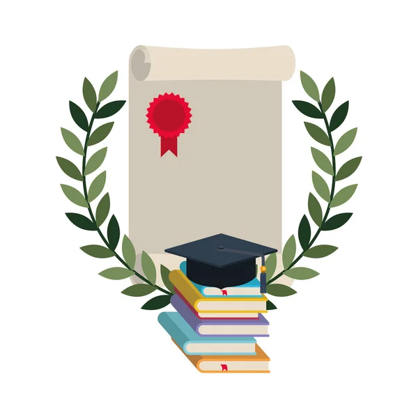 Afstudeer certificaat met krans en boeken icoon — Stockvector