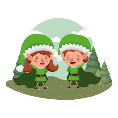 elfler hareketli çift ve düşen kar ile noel ağaçları