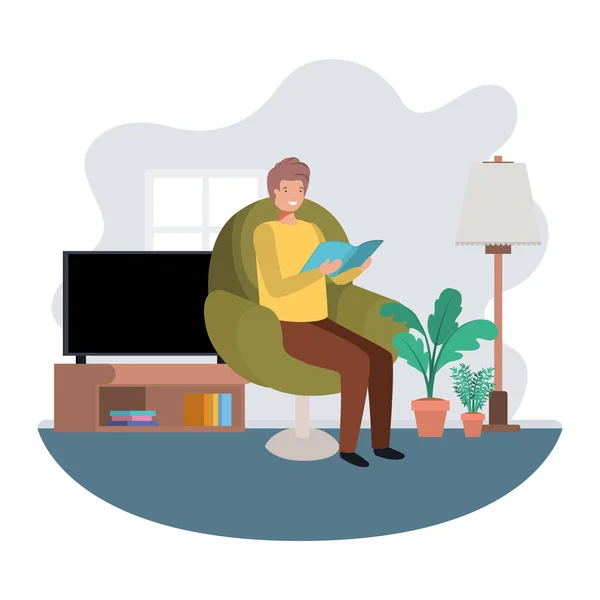 Man with book in livingroom avatar character — Stock Vector