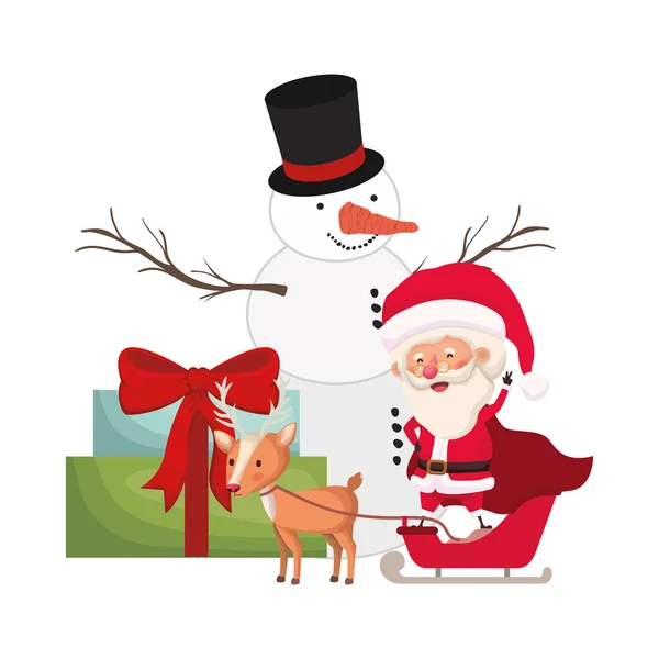 눈사람과 선물 상자와 산타 클로스 — 스톡 벡터