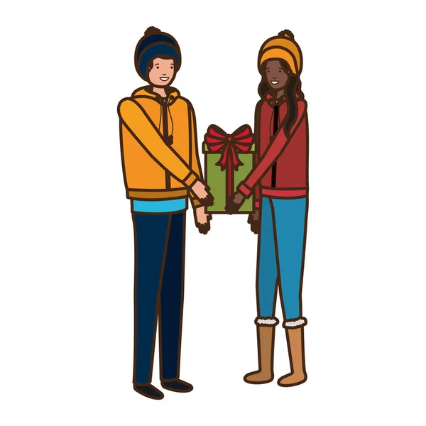 Jeune couple avec boîte cadeau avatar personnage — Image vectorielle