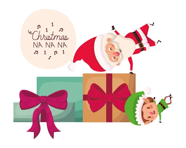 Santa Claus en elf met geschenken dozen — Stockvector