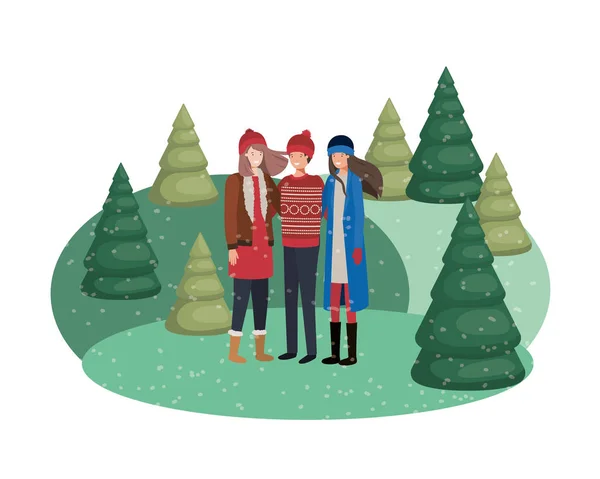アバターの文字の木の冬の服とクリスマスを持つ人々 のグループ — ストックベクタ