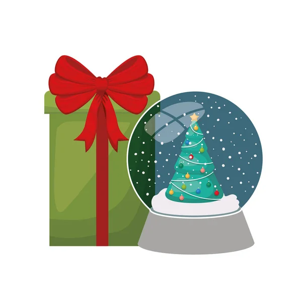 Kerstboom met geschenken en kristallen bol geïsoleerd pictogram — Stockvector