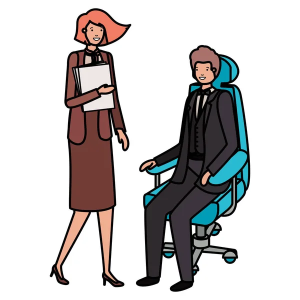 オフィスの椅子に座っている男と本を持つ女性 — ストックベクタ