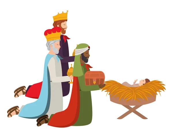 Regi înțelepți cu Isus copil în crabie de paie — Vector de stoc