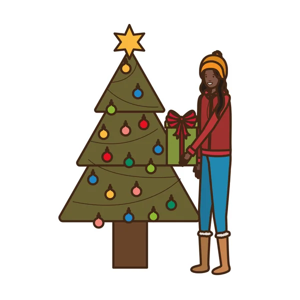 Nő karácsonyfa és ajándékdoboz — Stock Vector