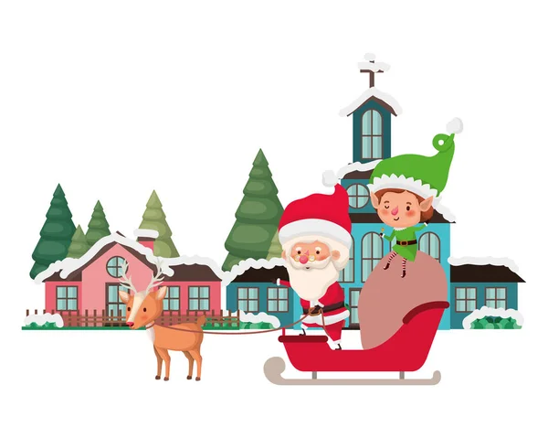 Nachbarschaft mit Kiefern und Weihnachtsmann mit Elfe im Schlitten — Stockvektor