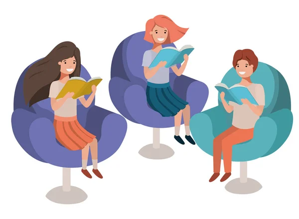 Group of people sitting in sofa with book avatar character — Stock Vector