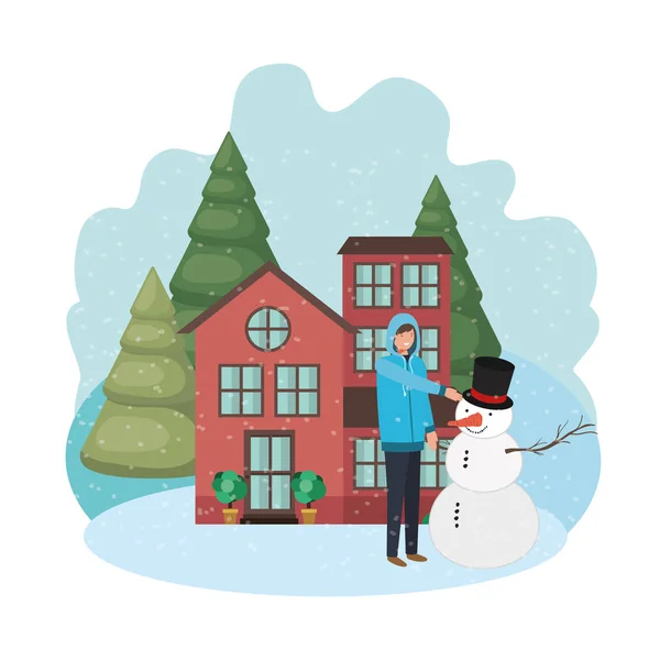 Kışın kardan adam ve ev — Stok Vektör