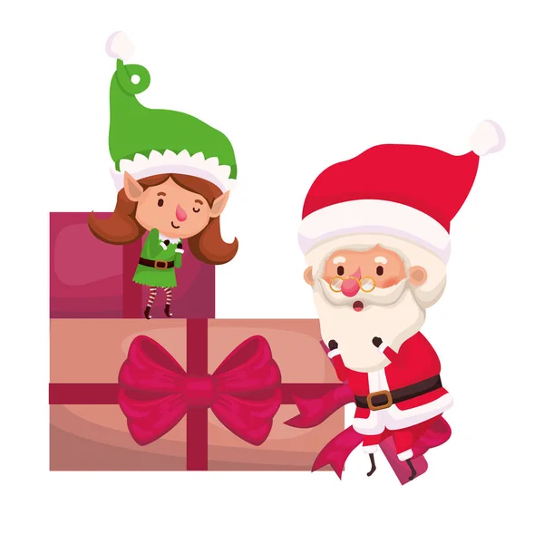 Santa claus y mujer elfa con cajas de regalos — Vector de stock