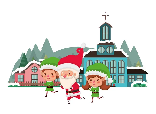 Nachbarschaft und Elfenpaar mit Weihnachtsmann — Stockvektor