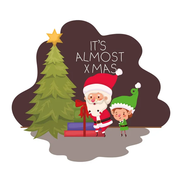 Santa Claus y elfo con árbol de Navidad y regalos — Vector de stock