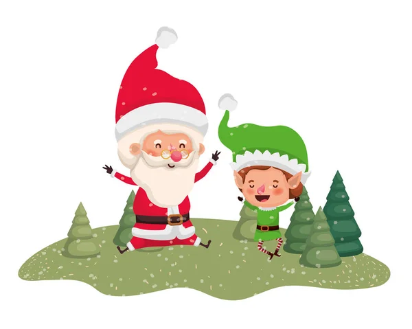 Santa claus con elfo moviéndose con árboles de Navidad — Vector de stock