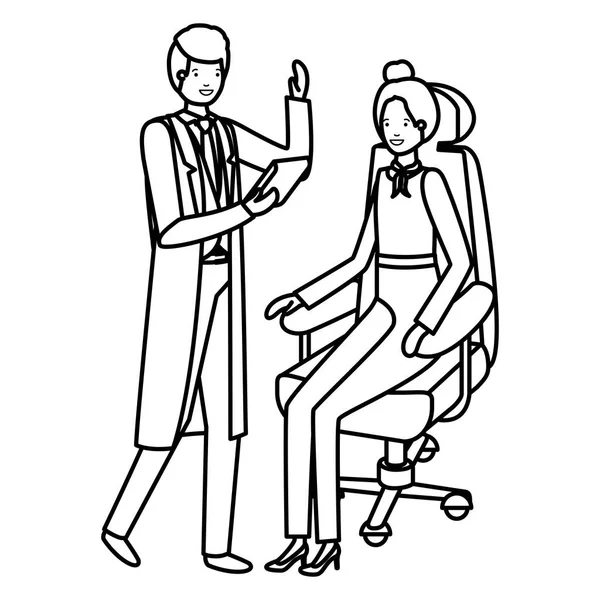 Mujer sentada en silla de oficina y hombre con tableta — Vector de stock