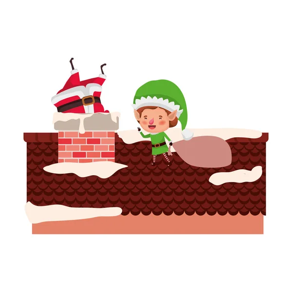 Санта-Клаус с эльфом на крыше персонаж аватара — стоковый вектор