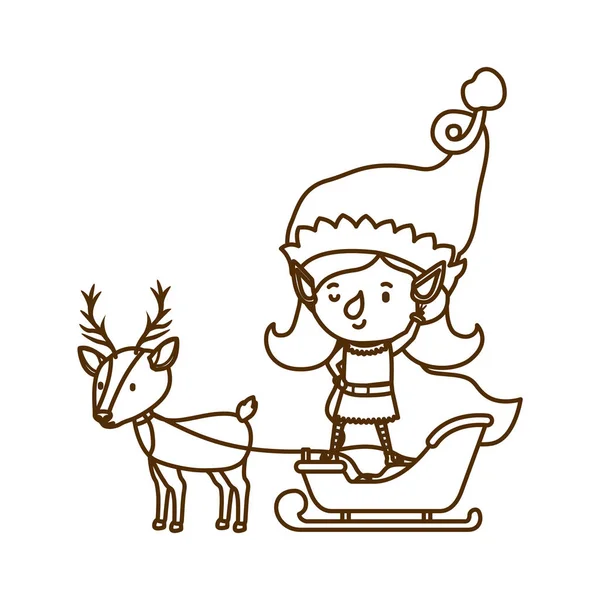 Elf woman with sleigh and reindeer — Stock Vector