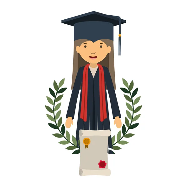 Mujer que se gradúa con el carácter avatar certificado — Archivo Imágenes Vectoriales