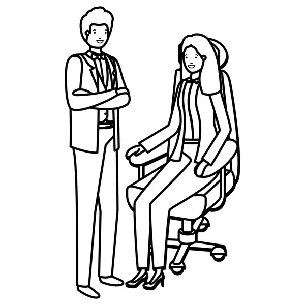 Kvinna sitter i kontors stol och man stående — Stock vektor