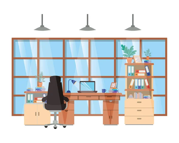 Escritorio de oficina y estanterías con libros icono aislado — Vector de stock