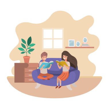 oturma odası avatar karakteri kitap ile çocuk çift