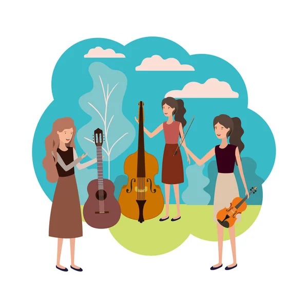 Mulheres com instrumentos musicais na paisagem —  Vetores de Stock