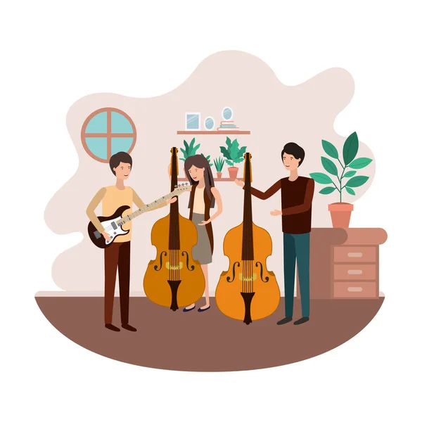 Gruppe von Menschen mit Musikinstrumenten im Wohnzimmer — Stockvektor