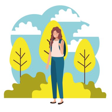 parkta okul çantası ile genç kadın