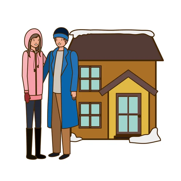 Пара с домом в зимний аватар персонаж — стоковый вектор