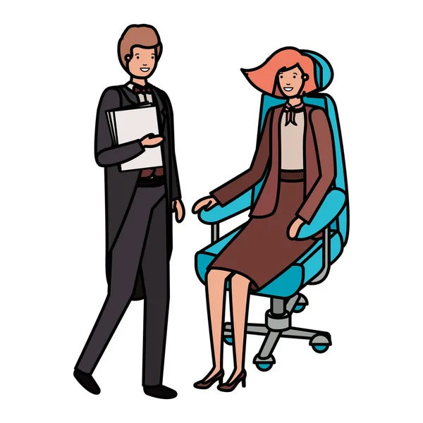 オフィスの椅子に座っている女性と本を持つ男 — ストックベクタ