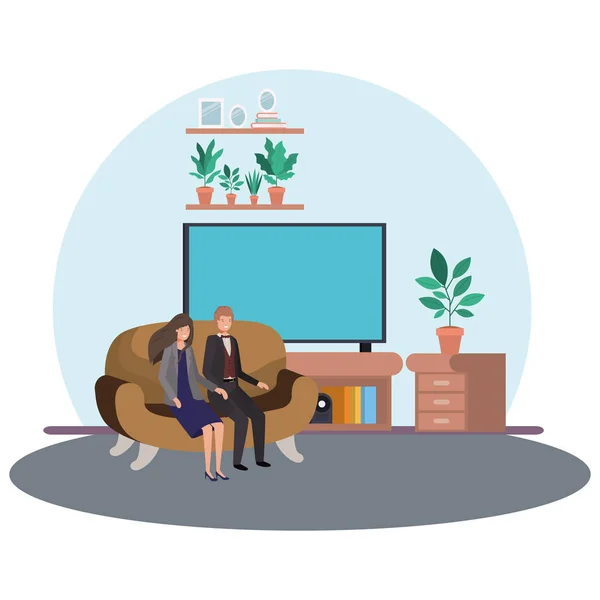 Business ζευγάρι που κάθεται στο σαλόνι χαρακτήρα avatar — Διανυσματικό Αρχείο