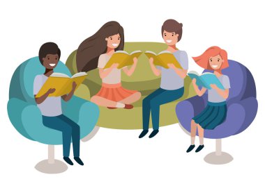 kitap avatar karakteri ile kanepede oturan insanların grup