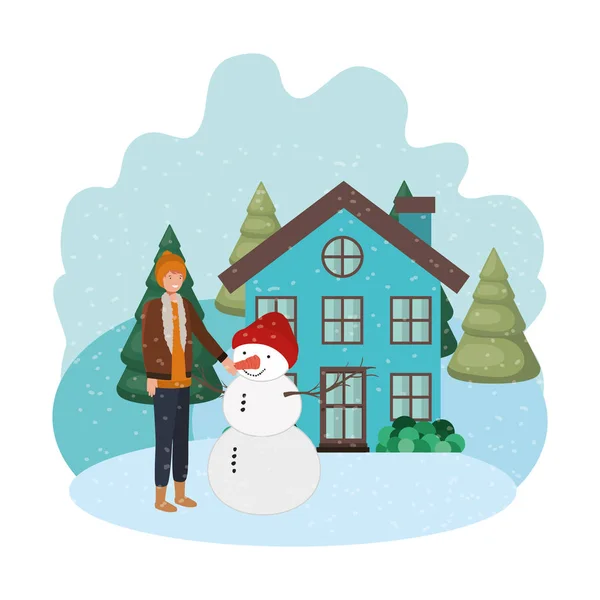 Man med snögubbe och hus på vintern — Stock vektor