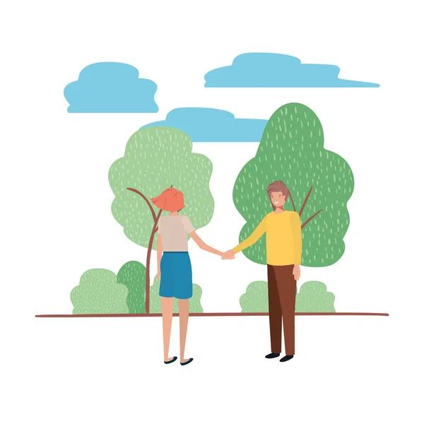 Couple holding hands with landscape avatar character — Stock Vector