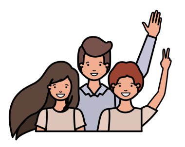 aile gülümseyen ve avatar karakter sallayarak