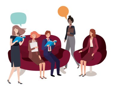 Grup insanlar iş ile konuşma balonu