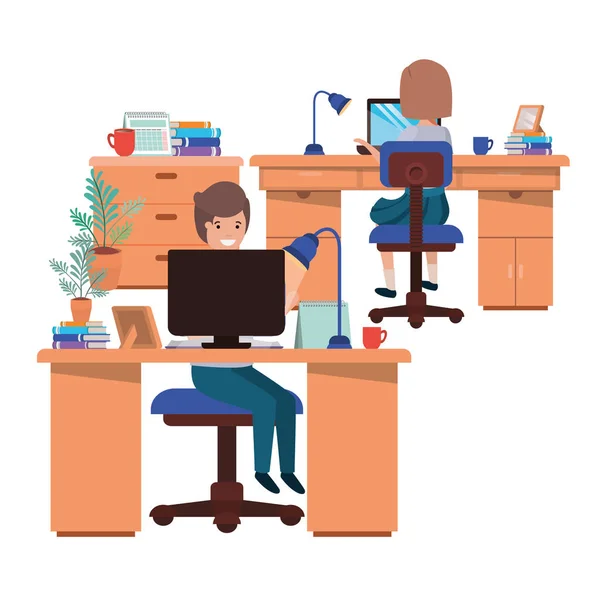 Couple travaillant dans le bureau avatar personnage — Image vectorielle