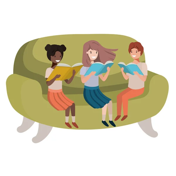 Gruppe von Menschen auf Sofa mit Buch-Avatar-Charakter — Stockvektor