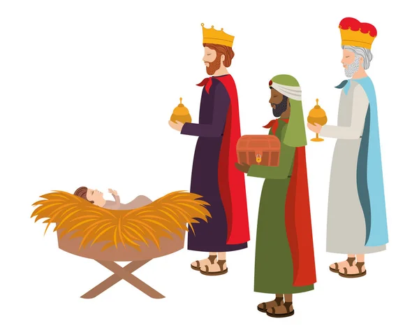 Reyes sabios con jesus bebé en paja crable — Vector de stock