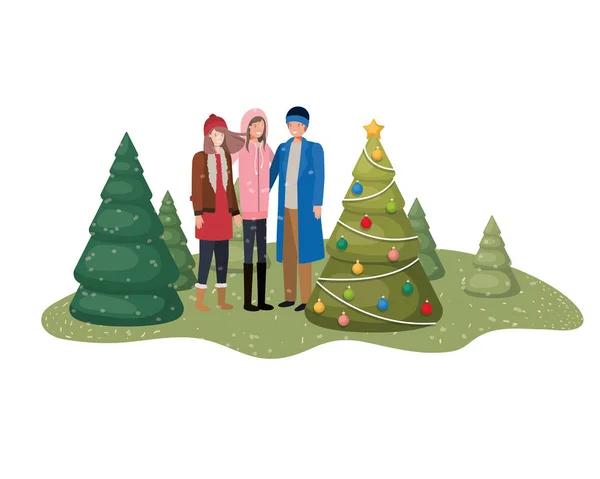 風景の中でクリスマスツリーを持つ人々のグループ — ストックベクタ