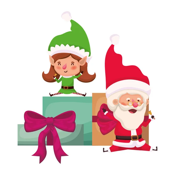 Santa claus y mujer elfa con cajas de regalos — Vector de stock